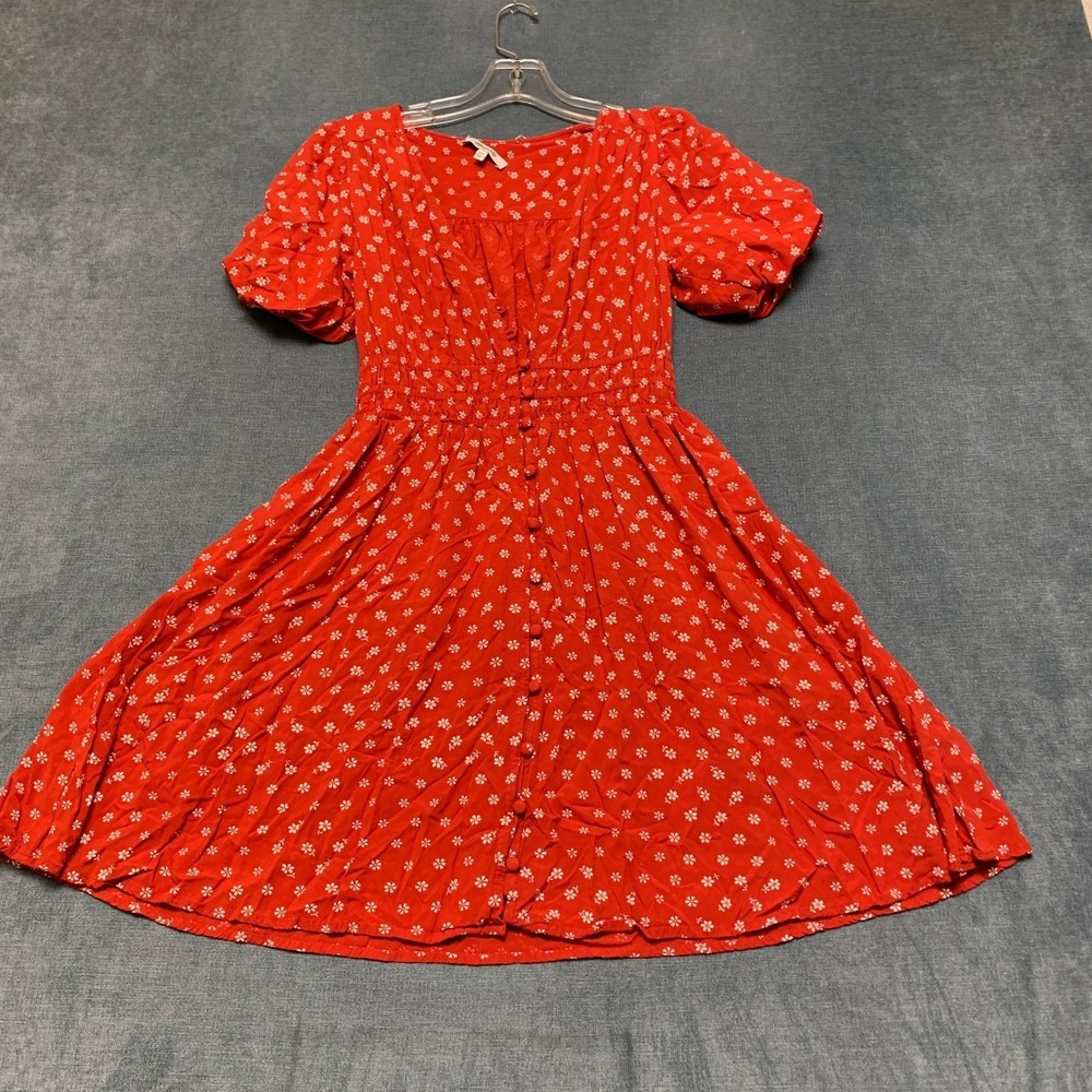 Madewell Sophia Mini Dress Women 2XS Red Floral Smocked Puff Sleeve Button Front